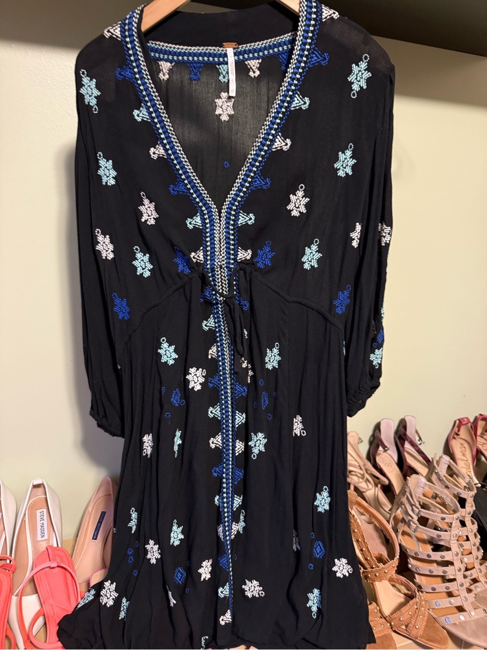 Free People Black Embroidered Tunic Dress with Blue & White Accents